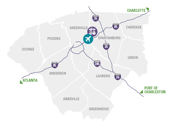 Map of Upstate South Carolina infrastructure including GSP International Airport, the Inland Port Greer and Interstates 85, 385, and 26 