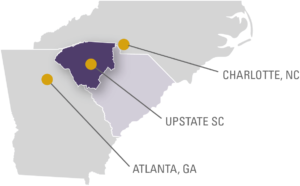 Map showing that Upstate South Carolina is located between Atlanta and Charlotte