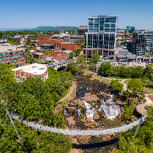 Aerial of downtown Greenville's Falls Park and Liberty Bridge