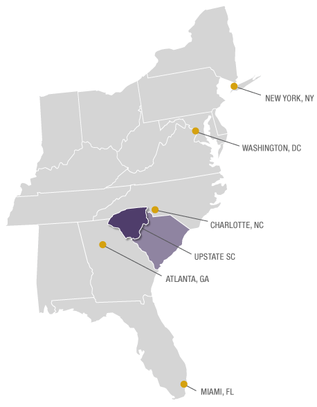 Map of the east coast of the United States with Upstate, South Carolina highlighted 